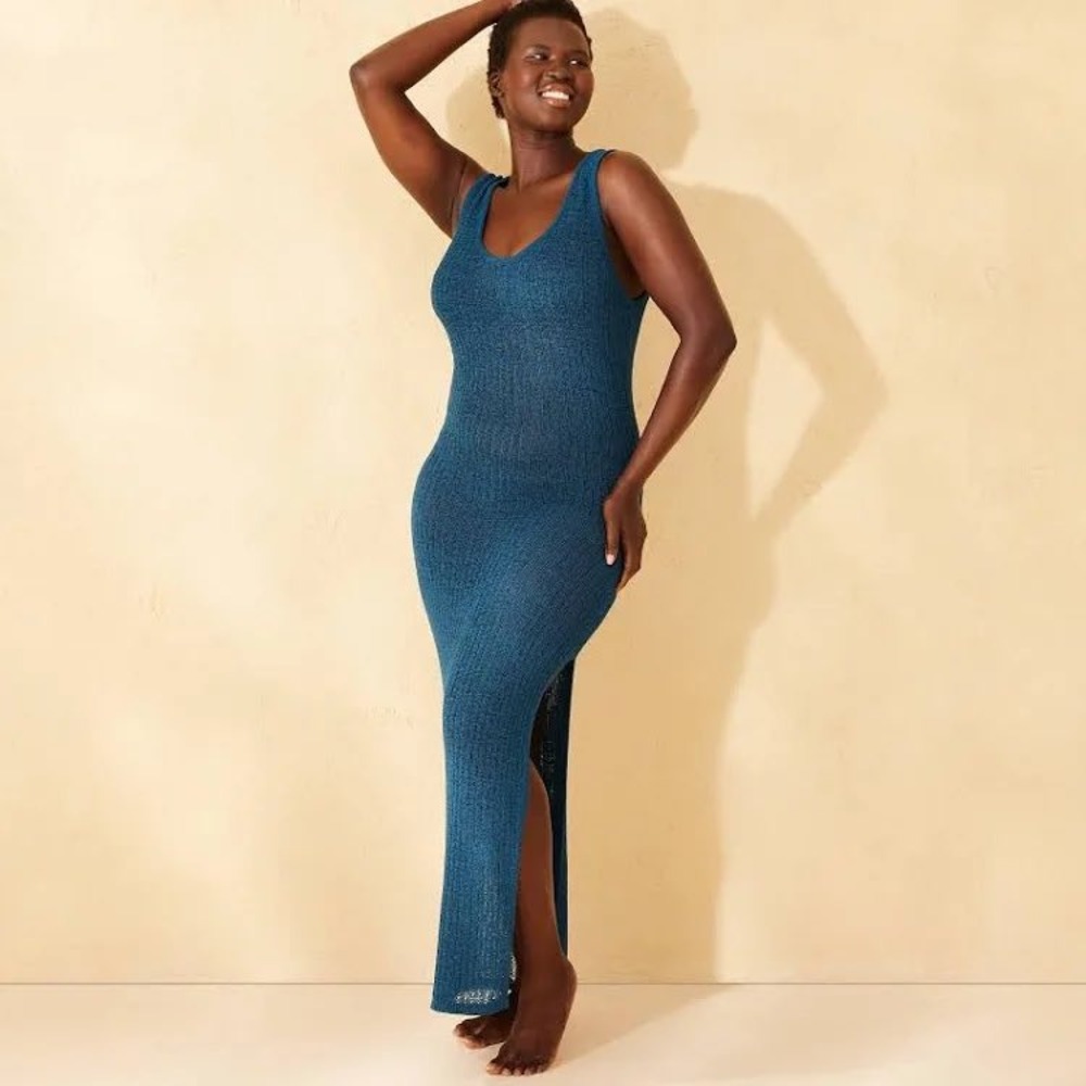 Shade & Shore Women XL Teal Blue Knit Sleeveless Maxi Beach‎ Cover Up Dress Slit
